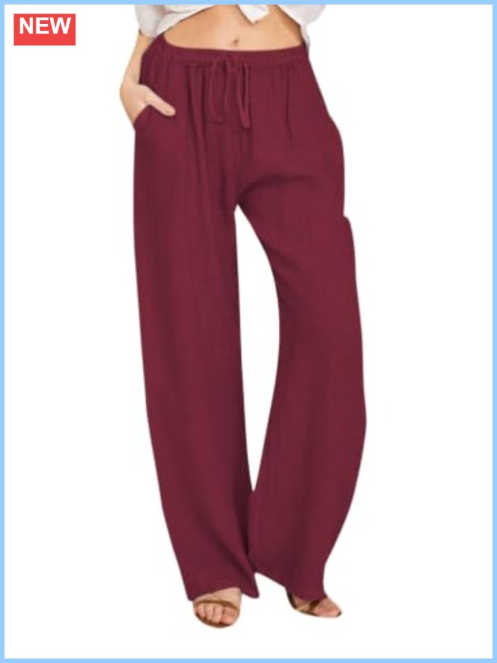 Women's Cotton Linen Wide Leg Palazzo Pants Drawstring Beach Casual Ankle